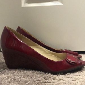 Red peep toe wedges